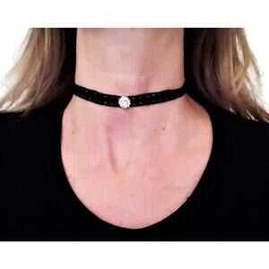 Black Lace Crochet Choker Simulated Diamonds Necklace Elegant Glam Goth Bohemian